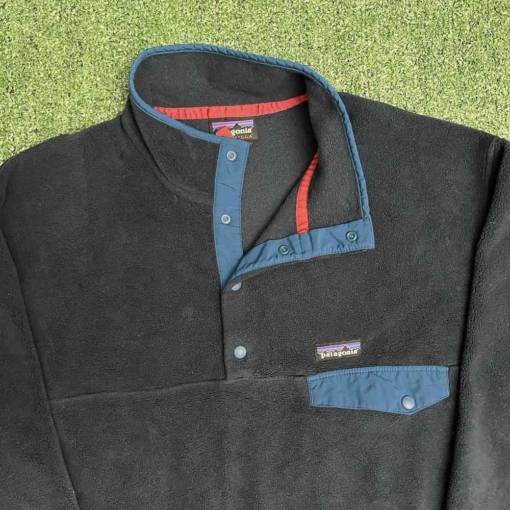 Patagonia Synchilla Snap-T Fleece Pullover Mens Large Navy Blue Teal Trim